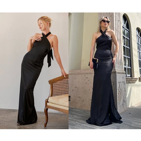 Lulus Dresses & Skirts - LULUS Waltz with You Halter Satin Column Gown in Black Size X-Small